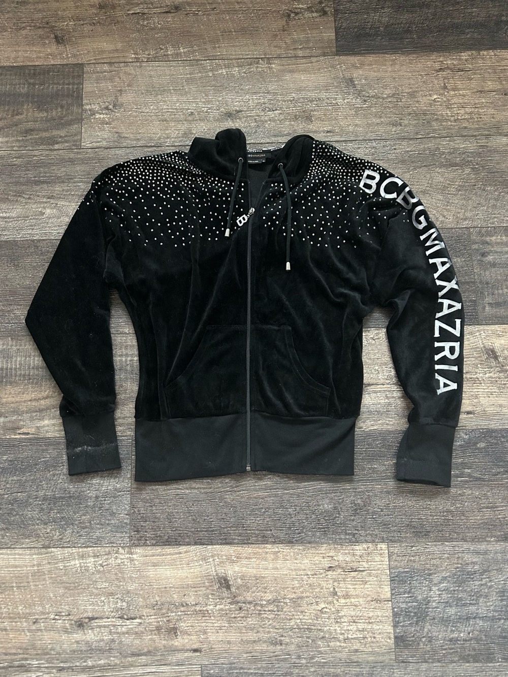 Y2K BCBG Maxazria Black Velour Rhinestone Hooded Zip Up Glam Jacket Womens Sz M
